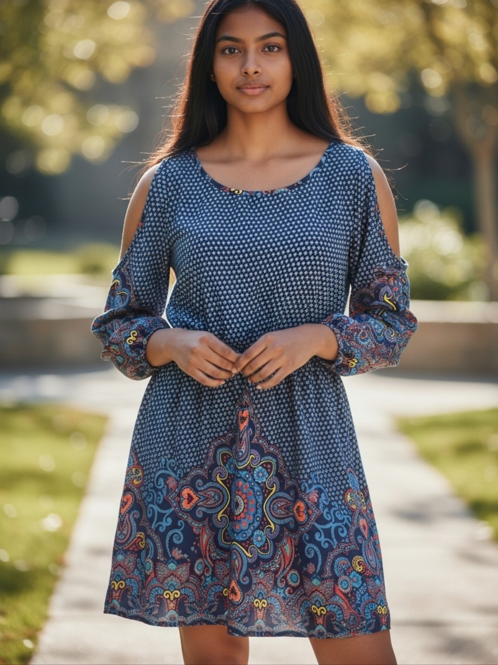 " Unknown Brand" Navy Paisley-Trim Cold-Shoulder Mini Dress - Picture 1 of 9